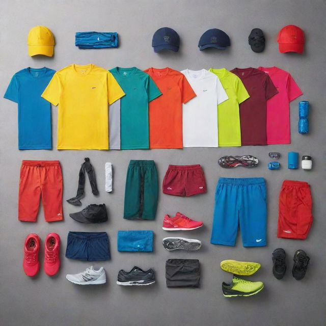 A collection of fashionable sports wear including performance enhancing shirts, shorts, shoes and accessories in vibrant colors.