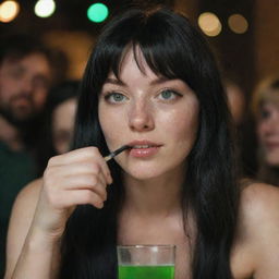 Capture a dramatically illuminated raw-style 4K HD, medium-distance shot of a 23-year-old female with a medium body build, green eyes, freckles, and long black hair with white streaks in the bangs. Casually dressed, she's relaxing, drinking at a party.