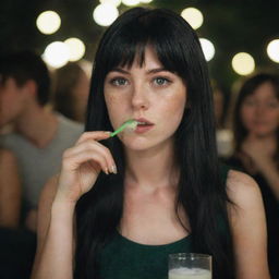 Capture a dramatically illuminated raw-style 4K HD, medium-distance shot of a 23-year-old female with a medium body build, green eyes, freckles, and long black hair with white streaks in the bangs. Casually dressed, she's relaxing, drinking at a party.