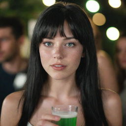 Capture a dramatically illuminated raw-style 4K HD, medium-distance shot of a 23-year-old female with a medium body build, green eyes, freckles, and long black hair with white streaks in the bangs. Casually dressed, she's relaxing, drinking at a party.