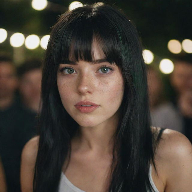 Capture a dramatically illuminated raw-style 4K HD, medium-distance shot of a 23-year-old female with a medium body build, green eyes, freckles, and long black hair with white streaks in the bangs. Casually dressed, she's relaxing, drinking at a party.