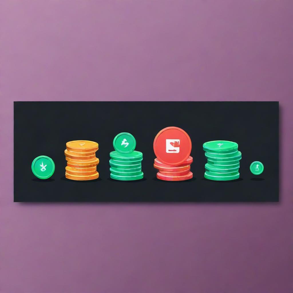 Create a YouTube monetization banner featuring an animated representation of coin stacks, YouTube logo, and play icon. Infuse the composition with high contrast colors and dynamic style.