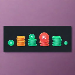 Create a YouTube monetization banner featuring an animated representation of coin stacks, YouTube logo, and play icon. Infuse the composition with high contrast colors and dynamic style.