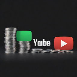 Create a YouTube monetization banner featuring an animated representation of coin stacks, YouTube logo, and play icon. Infuse the composition with high contrast colors and dynamic style.