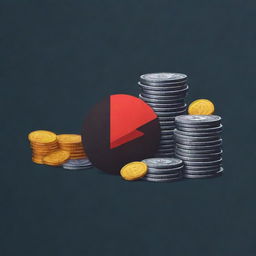 Create a YouTube monetization banner featuring an animated representation of coin stacks, YouTube logo, and play icon. Infuse the composition with high contrast colors and dynamic style.