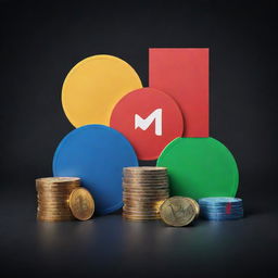 Create a YouTube monetization banner featuring an animated representation of coin stacks, YouTube logo, and play icon. Infuse the composition with high contrast colors and dynamic style.