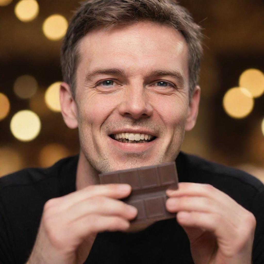 A man indulging in a bar of rich dark chocolate, highlighting the bokeh background. Focus on man's ecstatic expression and the chocolate bar.