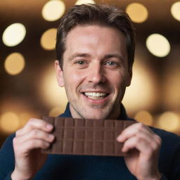 A man indulging in a bar of rich dark chocolate, highlighting the bokeh background. Focus on man's ecstatic expression and the chocolate bar.