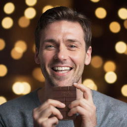 A man indulging in a bar of rich dark chocolate, highlighting the bokeh background. Focus on man's ecstatic expression and the chocolate bar.