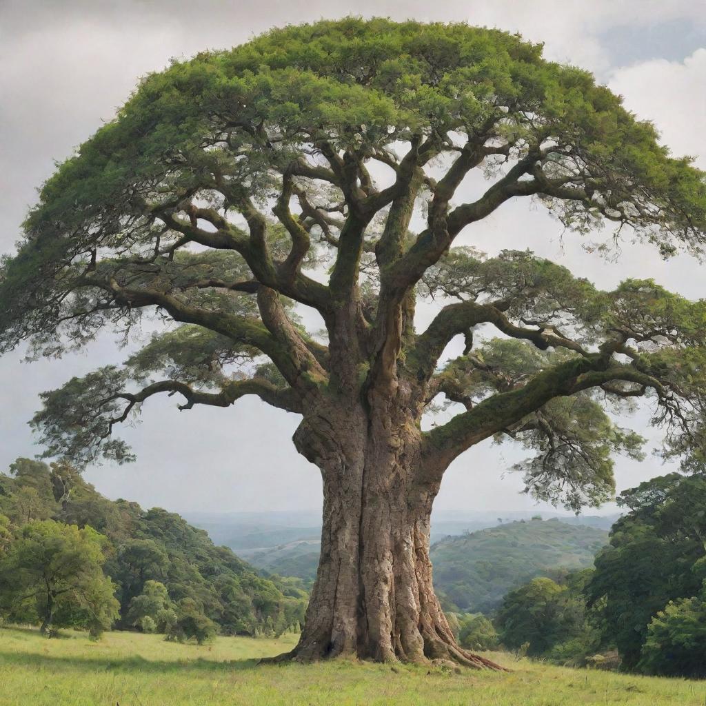 A centuries-old tree standing tall against a backdrop of lush, natural scenery