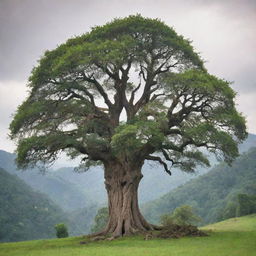 A centuries-old tree standing tall against a backdrop of lush, natural scenery