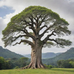 A centuries-old tree standing tall against a backdrop of lush, natural scenery