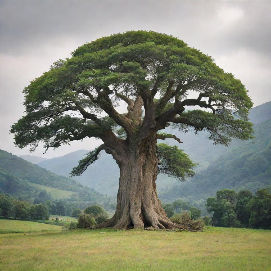 A centuries-old tree standing tall against a backdrop of lush, natural scenery