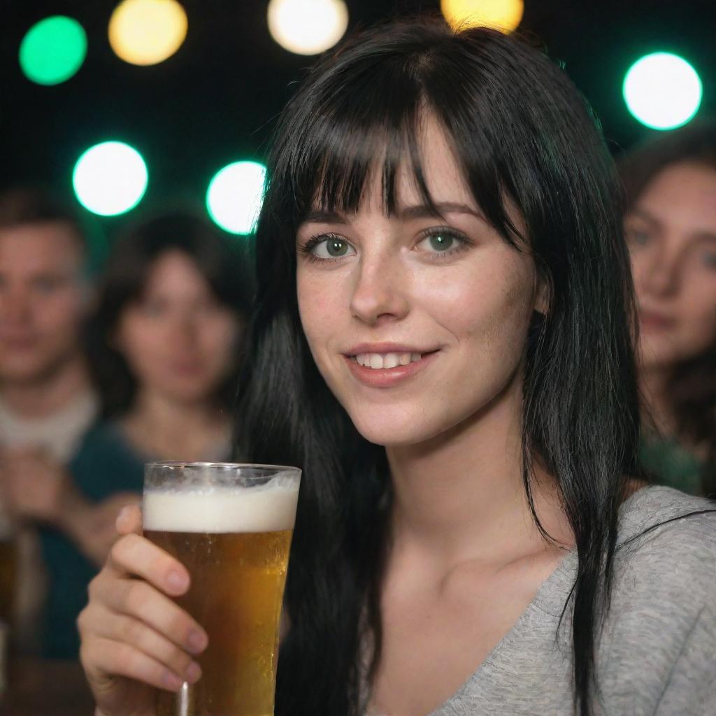 Capture a dramatically illuminated raw-style 4K HD, medium-distance side shot of a 23-year-old female. She has a medium body build, green eyes, freckles, and long black hair with white streaks in the bangs. Clad in casual clothes, she's enjoying a beer at a party.