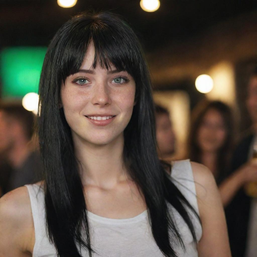 Capture a dramatically illuminated raw-style 4K HD, medium-distance side shot of a 23-year-old female. She has a medium body build, green eyes, freckles, and long black hair with white streaks in the bangs. Clad in casual clothes, she's enjoying a beer at a party.