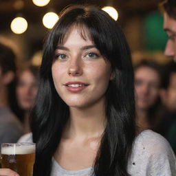 Capture a dramatically illuminated raw-style 4K HD, medium-distance side shot of a 23-year-old female. She has a medium body build, green eyes, freckles, and long black hair with white streaks in the bangs. Clad in casual clothes, she's enjoying a beer at a party.