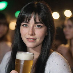 Capture a dramatically illuminated raw-style 4K HD, medium-distance side shot of a 23-year-old female. She has a medium body build, green eyes, freckles, and long black hair with white streaks in the bangs. Clad in casual clothes, she's enjoying a beer at a party.