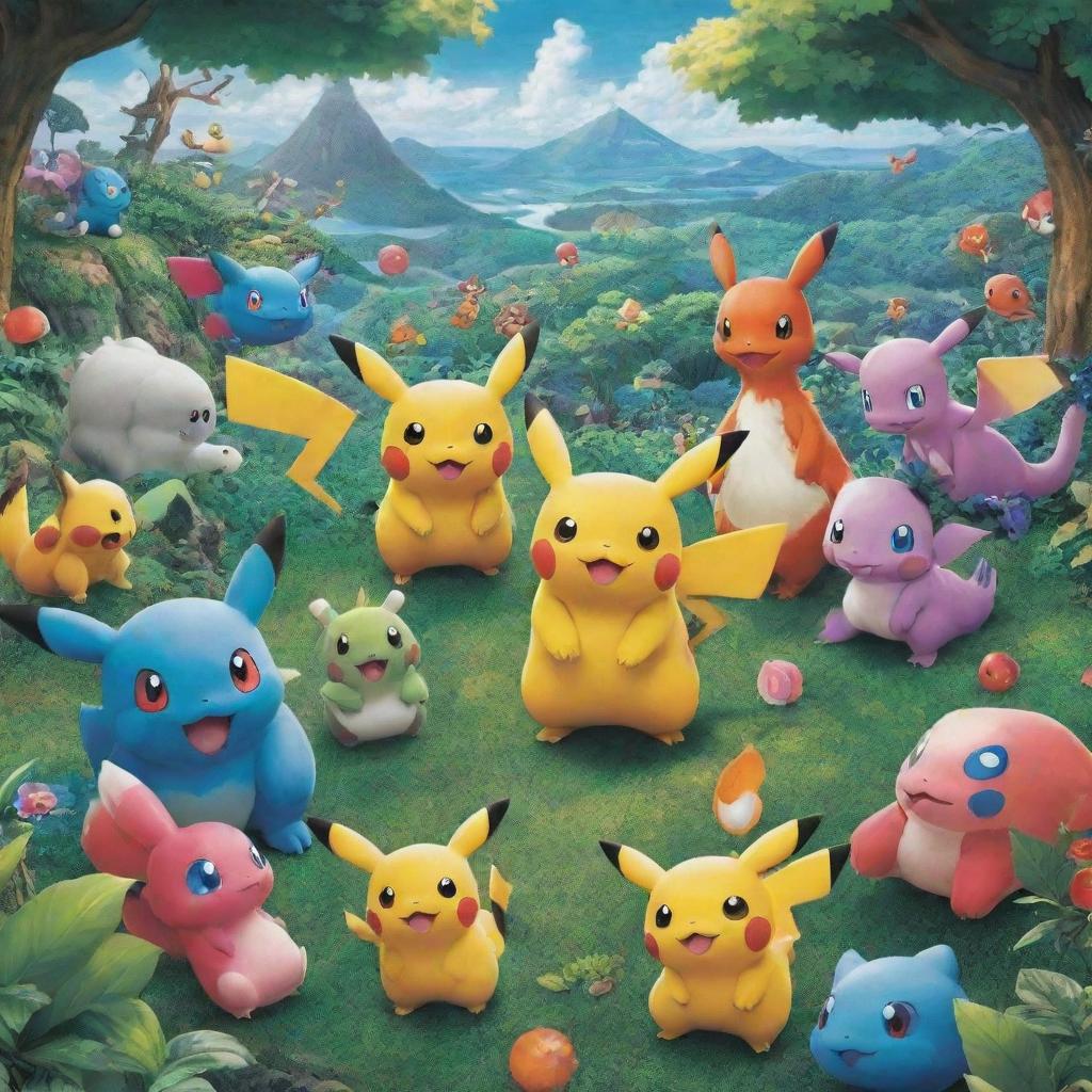 An assortment of vibrant and lively Pokemon characters in a lush, fantastical land.