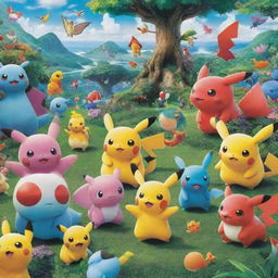 An assortment of vibrant and lively Pokemon characters in a lush, fantastical land.