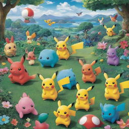 An assortment of vibrant and lively Pokemon characters in a lush, fantastical land.