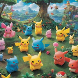 An assortment of vibrant and lively Pokemon characters in a lush, fantastical land.