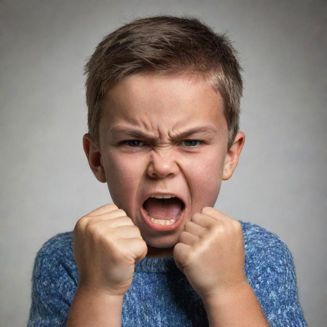 A young boy expressing intense anger. His face is flushed, eyebrows knitted together, and he's balling his fists tightly.