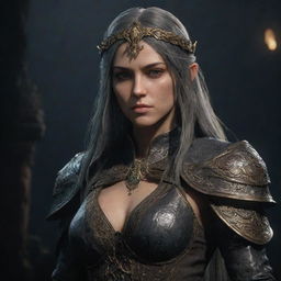 Melina, a character from the Elden Ring game with distinctive features, in meticulously detailed gameodinspired attire against a dark fantastical game setting.