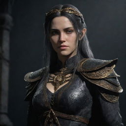 Melina, a character from the Elden Ring game with distinctive features, in meticulously detailed gameodinspired attire against a dark fantastical game setting.