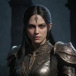 Melina, a character from the Elden Ring game with distinctive features, in meticulously detailed gameodinspired attire against a dark fantastical game setting.