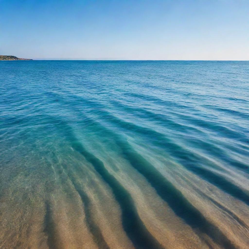 A tranquil, vibrant sea under a clear azure sky. The sea has a smooth surface with gentle waves lapping at the shore, reflecting the sunlight that adds a golden shine.