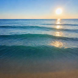 A tranquil, vibrant sea under a clear azure sky. The sea has a smooth surface with gentle waves lapping at the shore, reflecting the sunlight that adds a golden shine.