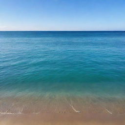 A tranquil, vibrant sea under a clear azure sky. The sea has a smooth surface with gentle waves lapping at the shore, reflecting the sunlight that adds a golden shine.