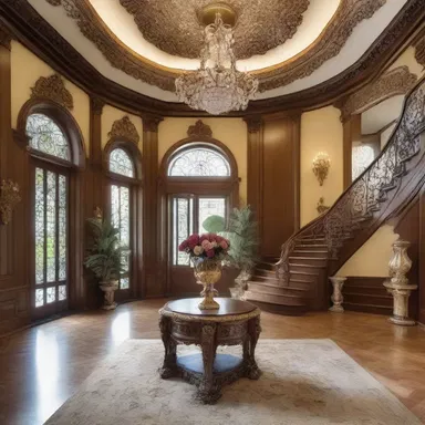 The luxurious mansion boasted a grand foyer decorated with an ornate treasure chest, serving as a stunning centerpiece to the opulent interior design.