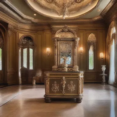 The luxurious mansion boasted a grand foyer decorated with an ornate treasure chest, serving as a stunning centerpiece to the opulent interior design.