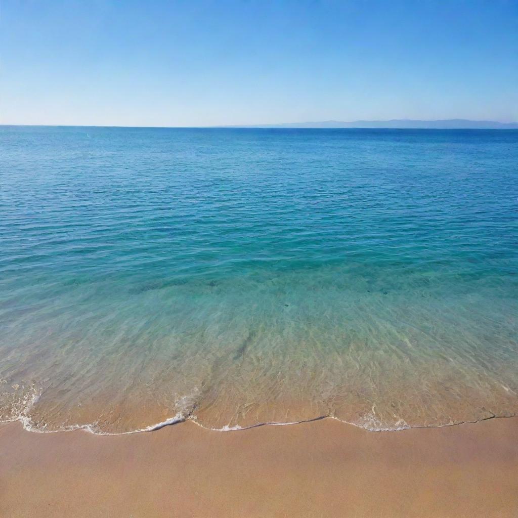 A tranquil, vibrant sea under a clear azure sky. The sea has a smooth surface with gentle waves lapping at the shore, reflecting the sunlight that adds a golden shine.