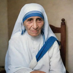 Mother Teresa sitting peacefully on a wooden chair, with a backdrop of a humble room.