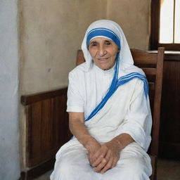 Mother Teresa sitting peacefully on a wooden chair, with a backdrop of a humble room.