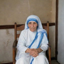 Mother Teresa sitting peacefully on a wooden chair, with a backdrop of a humble room.