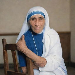 Mother Teresa sitting peacefully on a wooden chair, with a backdrop of a humble room.