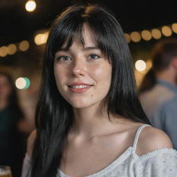 Capture a raw-style 4K HD, medium-distance shot from the side of a 23-year-old female. She has a medium body build, green eyes, freckles, and long black hair with white streaks in the bangs. Clad in casual clothes, she's enjoying a beer at a party.