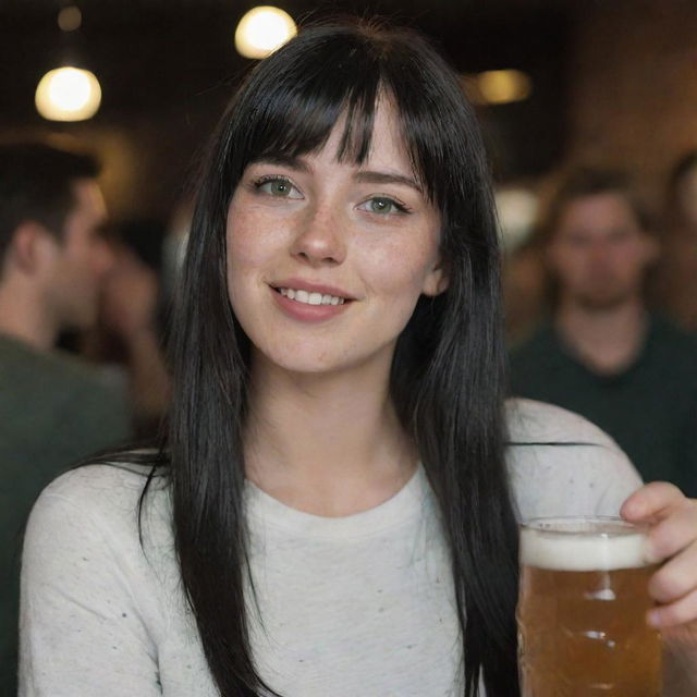 Capture a raw-style 4K HD, medium-distance shot from the side of a 23-year-old female. She has a medium body build, green eyes, freckles, and long black hair with white streaks in the bangs. Clad in casual clothes, she's enjoying a beer at a party.