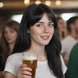 Capture a raw-style 4K HD, medium-distance shot from the side of a 23-year-old female. She has a medium body build, green eyes, freckles, and long black hair with white streaks in the bangs. Clad in casual clothes, she's enjoying a beer at a party.