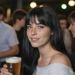 Capture a raw-style 4K HD, medium-distance shot from the side of a 23-year-old female. She has a medium body build, green eyes, freckles, and long black hair with white streaks in the bangs. Clad in casual clothes, she's enjoying a beer at a party.