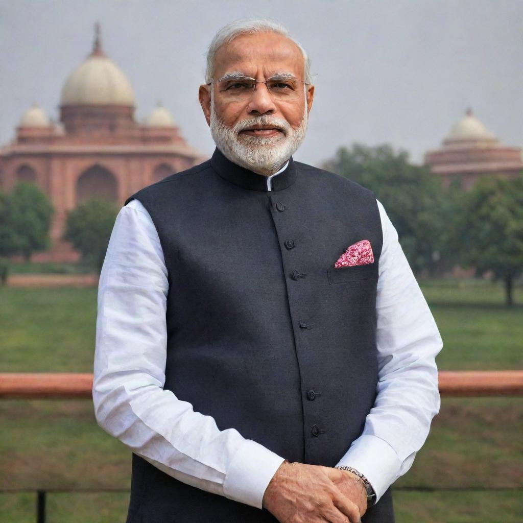 A portrait of Narendra Modi, the Prime Minister of India, in formal ware with a backdrop of the Indian Parliament.