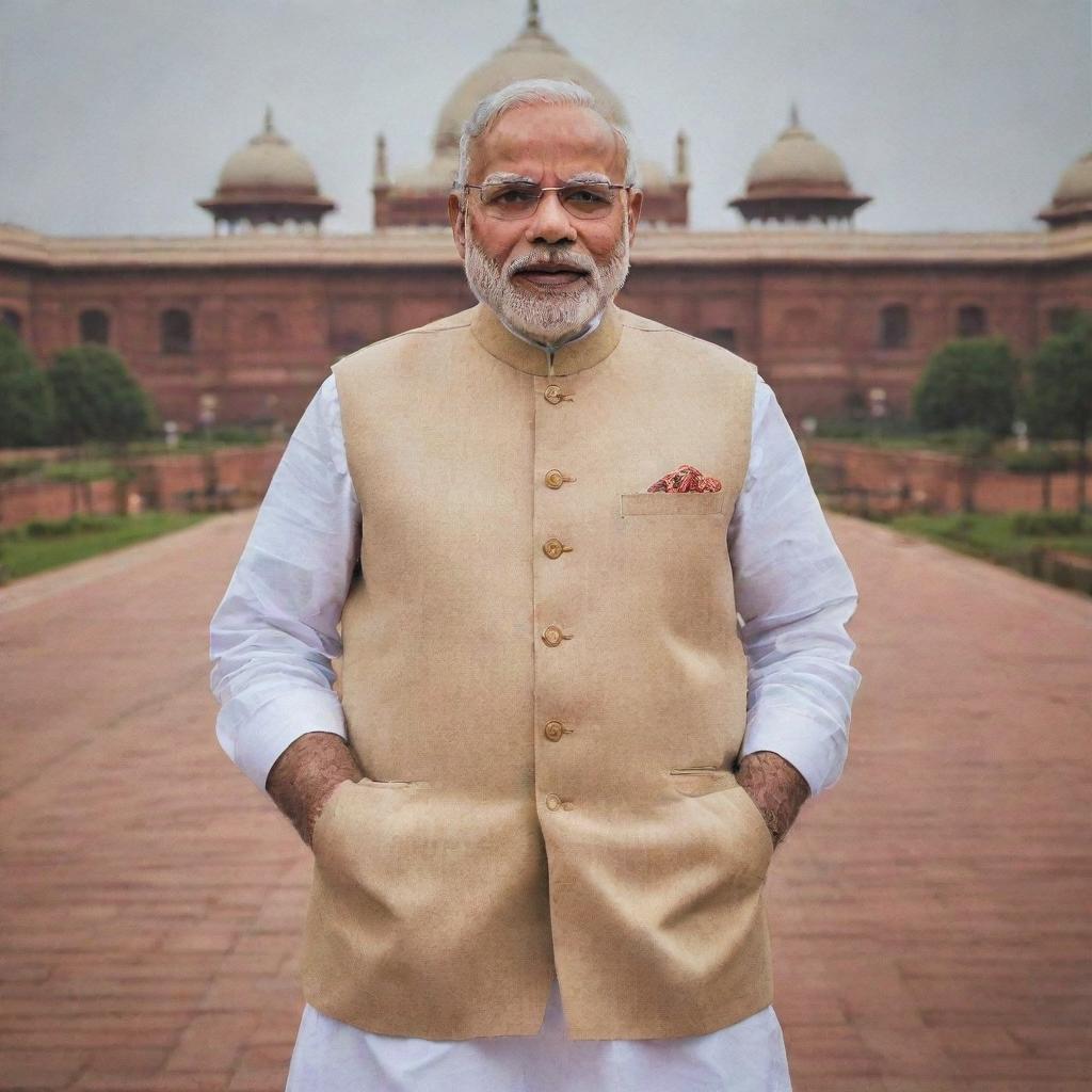 A portrait of Narendra Modi, the Prime Minister of India, in formal ware with a backdrop of the Indian Parliament.