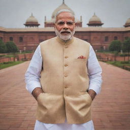 A portrait of Narendra Modi, the Prime Minister of India, in formal ware with a backdrop of the Indian Parliament.