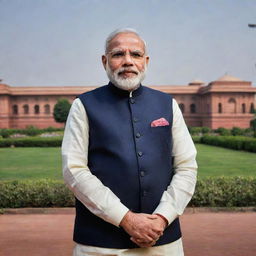 A portrait of Narendra Modi, the Prime Minister of India, in formal ware with a backdrop of the Indian Parliament.