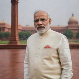 A portrait of Narendra Modi, the Prime Minister of India, in formal ware with a backdrop of the Indian Parliament.