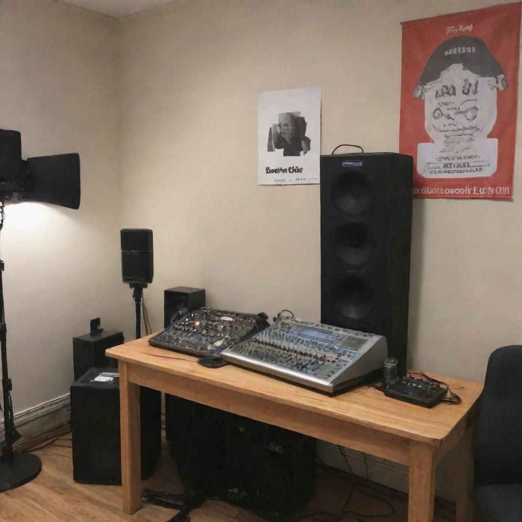 Podcast studio featuring a promotional banner for sponsor 'Bavid Goggis', with a mix of vintage and modern audio equipment in the foreground.