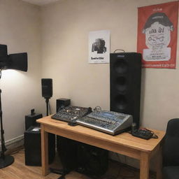 Podcast studio featuring a promotional banner for sponsor 'Bavid Goggis', with a mix of vintage and modern audio equipment in the foreground.